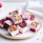 Op een rond wit bord liggen lichtroze yoghurtblokjes. Ze zijn mooi gelaagd door de yoghurt, geplette frambozen, chocolade en tenslotte de granola. In de achtergrond staat ook nog een potje met verse frambozen.
